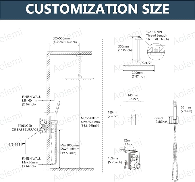 Aolemi Ceiling Shower Faucet with Handheld 8 Inch Head Brushed Nickel | Shower Valve and Trim Kit,SUS304 Rain Head and Handle Set System,All Metal,Bathroom, Handheld Spray