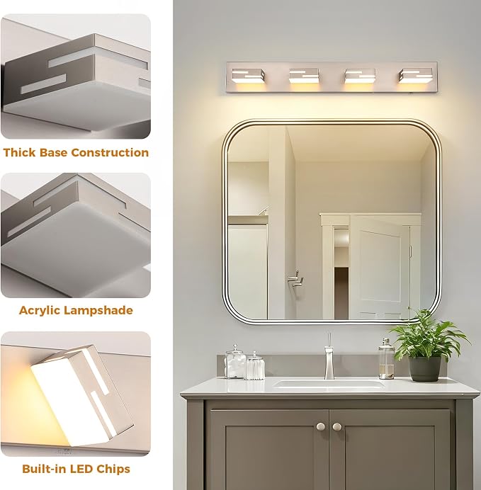 4-Light 5CCT Modern Bathroom Vanity Light Fixtures, 30-Inch 350° Rotatable LED Vanity Lights Over Mirror, Dimmable Brushed Nickel Wall Sconce with Frosted Acrylic Shade