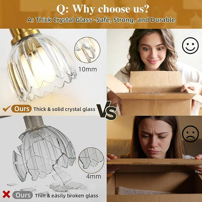 2-Light Bathroom Vanity Light, Gold Vanity Light, Antique Brass Sconces with Tulip Glass Shade, Mid Century Hardwired Wall Sconces for Bedroom, Living Room, Hallway