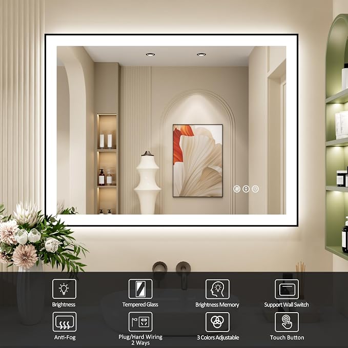 40x30 Inch LED Bathroom Mirror with Black Frame | Black Metal Frame, Front and Backlit, 3 Colors, Dimmable, Memory, Anti Fog, Tempered Glass, Lighted Mirror for Wall