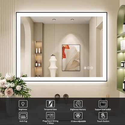 40x30 Inch LED Bathroom Mirror with Black Frame | Black Metal Frame, Front and Backlit, 3 Colors, Dimmable, Memory, Anti Fog, Tempered Glass, Lighted Mirror for Wall