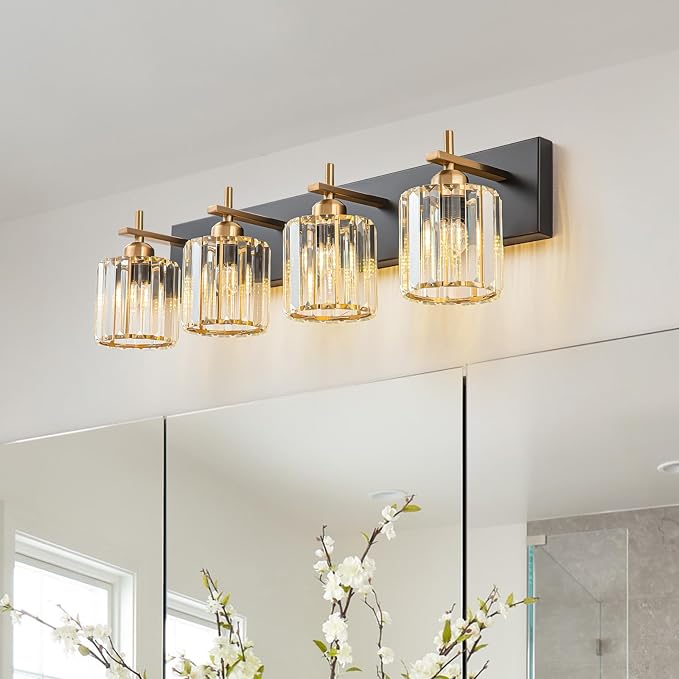 Black Gold Crystal Bathroom Vanity Light, Modern 4-Lights Bathroom Light Fixtures Over Mirror, Crystal Wall Lighting with Polished Gold Finish