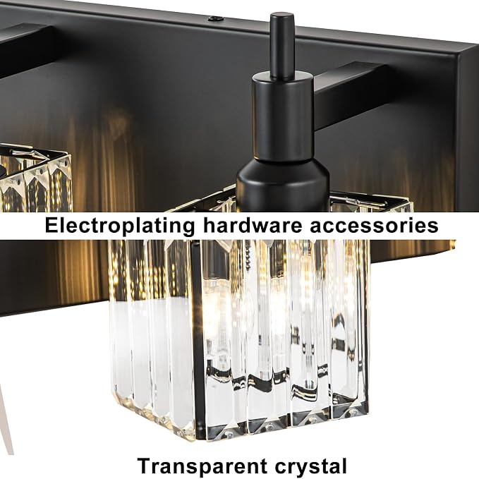 Black Crystal Bathroom Vanity Light 3-Light Modern Bathroom Lighting Fixtures Over Mirror, Black Wall Sconce Light Fixtures with Square Shade