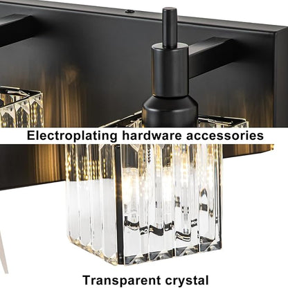 Black Crystal Bathroom Vanity Light 3-Light Modern Bathroom Lighting Fixtures Over Mirror, Black Wall Sconce Light Fixtures with Square Shade