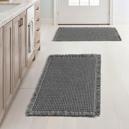 MIULEE Set of 2 Waffle Bathroom Rugs Boho Bath Mat Dark Grey 17x24 Inch | Non Slip, Super Absorbent, Washable, Ultra Soft, Rubber Backed, Small Bath Rugs for Bathroom Floor Tub Shower