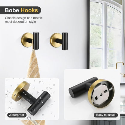 TQKAG Black and Gold Bathroom Hardware Accessories Set 10-Pieces, Premium SUS304 Stainless Steel Bathroom Towel Bar Holder Set 23.6 Inch Round Towel Racks for Bathroom Wall Mounted