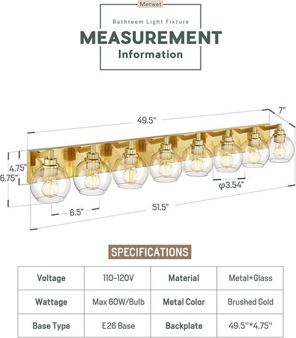 Bathroom Light Fixtures, 8 Light Brushed Gold Vanity Light, 52 Inch Modern Wall Sconces with Globe Clear Glass Shade, Vanity Lighting Fixtures Over Mirror, VL195-BG-8