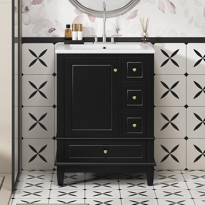 Bathroom Vanity with Ceramic Sink 24 Inch, Cabinet with One Door and Three Drawers, Soft-Closing Door, Solid Wood Legs, Black