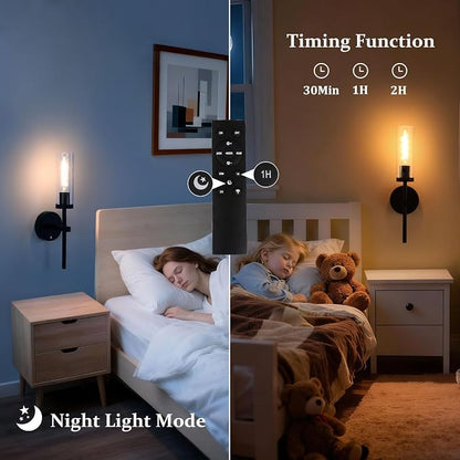 Shenmoyl Battery Operated Wall Sconces Set of 2, Black Rechargeable Wall Lighting Fixtures, Dimmable Wall Lights with Remote & Clear Glass Shade for Living Room, Bathroom,Bedroom