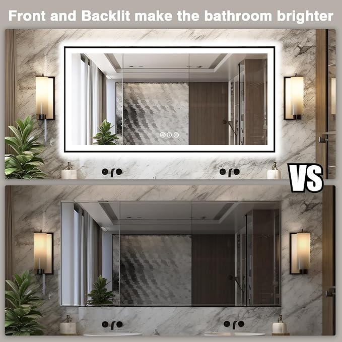 EchosLife Large 88x38 LED Bathroom Mirrors - Black Aluminum Trim | Black Frame, Front and Backlit, Anti-Fog, Stepless Dimmable, 3 Colors, Memory, Tempered Glass, UL Listed, Horizontal/Vertical