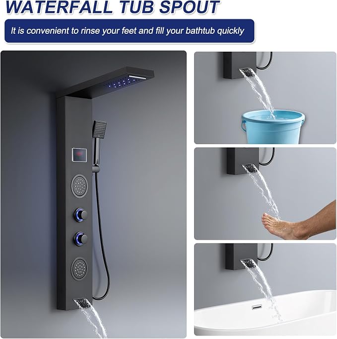ROVATE 5-in-1 LED Rainfall Waterfall Shower Panel Tower System Matte Black | No Battery Needed Digital Temperature Display, Powerful Body Massage Jets, Flexible Handheld and Tub Spout, Blue LED Knob