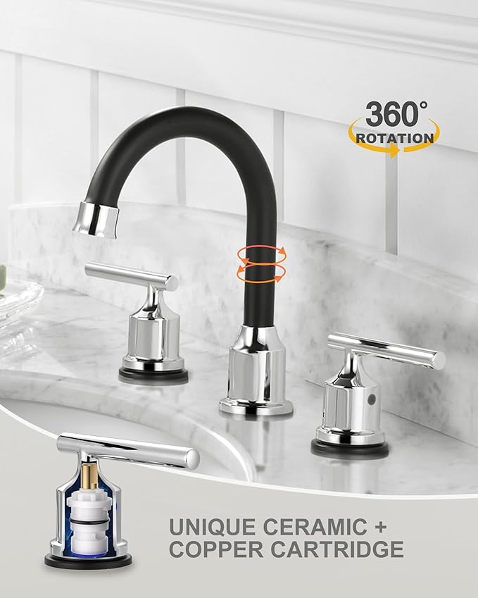 WOWOW Widespread Bathroom Sink Faucet 3 Hole Bathroom Faucet 8 Inch Lavatory Mixer Taps with Drain and Water Supply Lines, 3 Pieces Vanity Tap 2 Handle, Matte Black and Polished Chrome