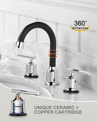WOWOW Widespread Bathroom Sink Faucet 3 Hole Bathroom Faucet 8 Inch Lavatory Mixer Taps with Drain and Water Supply Lines, 3 Pieces Vanity Tap 2 Handle, Matte Black and Polished Chrome