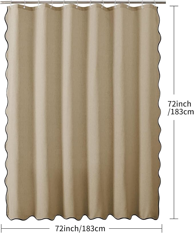 Linen Scallop Shower Curtain with 12 Clear Hooks, Waterproof, 72x72, Khaki | Waterproof Heavy Duty Thick Fabric with Black Border, Minimalist Neutral Boho Farmhouse Bathroom Décor