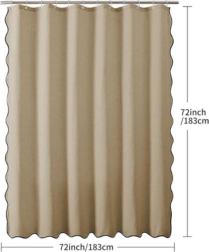 Linen Scallop Shower Curtain with 12 Clear Hooks, Waterproof, 72x72, Khaki | Waterproof Heavy Duty Thick Fabric with Black Border, Minimalist Neutral Boho Farmhouse Bathroom Décor