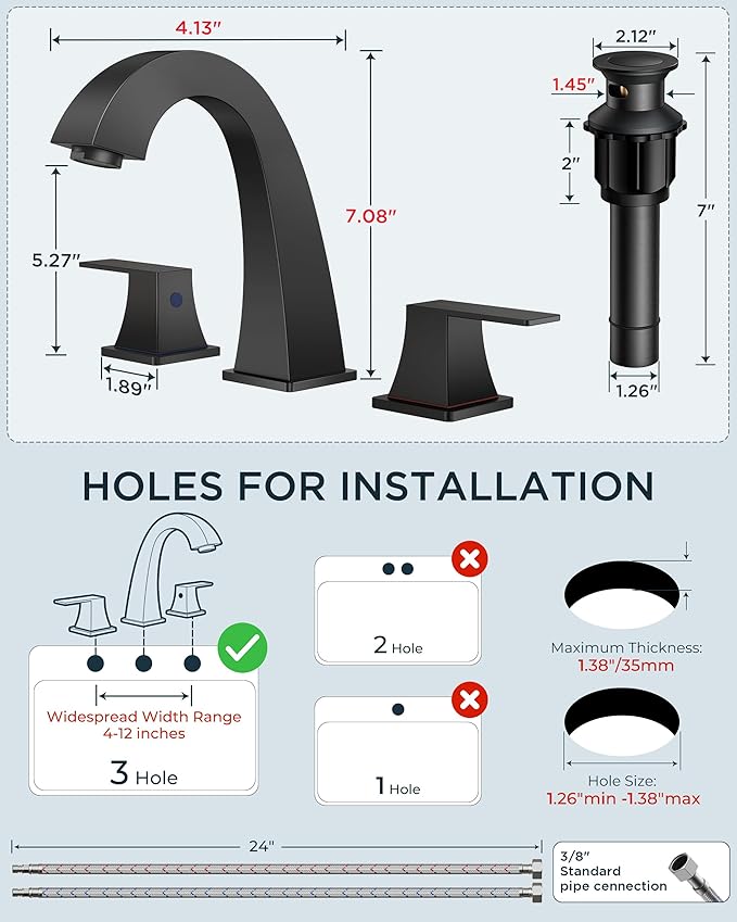 FORIOUS Bathroom Sink Faucet 3 Hole, Matte Black Bathroom Faucets for Vanity with Pop-up Drain and Supply Lines, Lead-Free 8 Inch Widespread Faucet for 3 Hole Sink