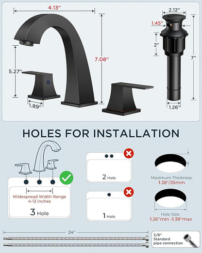 FORIOUS Bathroom Sink Faucet 3 Hole, Matte Black Bathroom Faucets for Vanity with Pop-up Drain and Supply Lines, Lead-Free 8 Inch Widespread Faucet for 3 Hole Sink