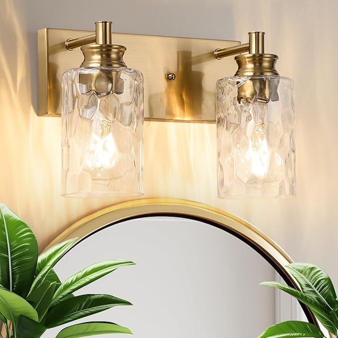2 Light Bathroom Vanity Light Modern Brushed Gold Bathroom Light Fixtures Over Mirror with Hammered Glass Lampshade for Kitchen Hallway