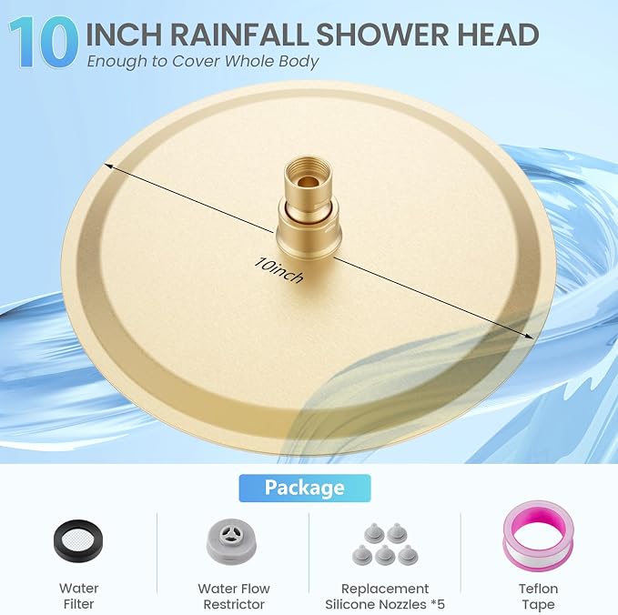 10 Inch Brushed Gold Round Rain Shower Head, All Metal Stainless Steel Rainfall Shower Heads with 100 Anti-Clog Silicone Nozzles, Wall or Ceiling Mount