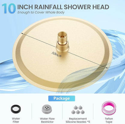 10 Inch Brushed Gold Round Rain Shower Head, All Metal Stainless Steel Rainfall Shower Heads with 100 Anti-Clog Silicone Nozzles, Wall or Ceiling Mount