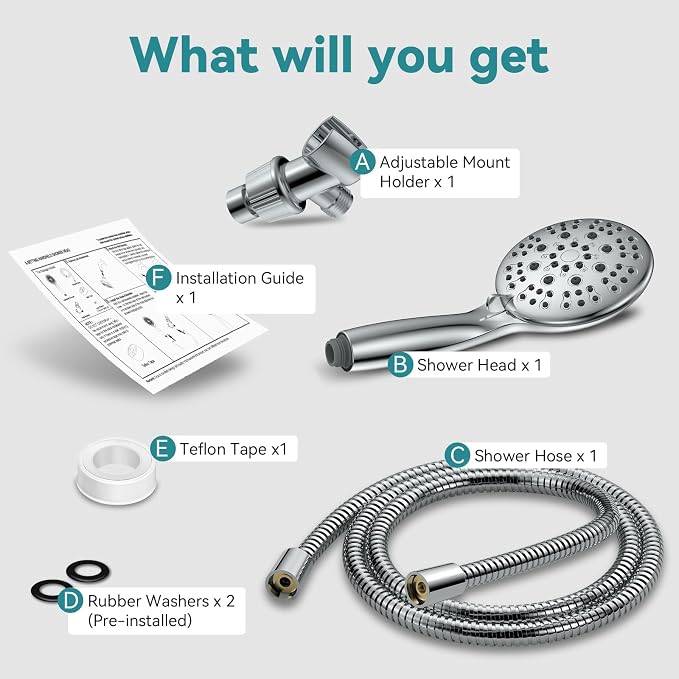 High Pressure Shower Head with Handheld, JDO 6 Spray Settings Handheld Showerhead, 4.3" High Flow Rain Showerhead Set with 59" Stainless Steel Hose and Adjustable Bracket for Bathroom, Gym, Hotel | 4.3-inch high flow head, 59-inch stainless steel hose,...