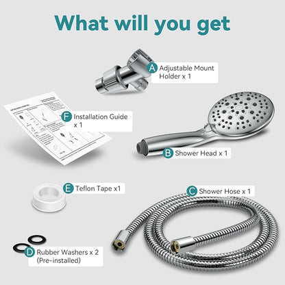 High Pressure Shower Head with Handheld, JDO 6 Spray Settings Handheld Showerhead, 4.3" High Flow Rain Showerhead Set with 59" Stainless Steel Hose and Adjustable Bracket for Bathroom, Gym, Hotel | 4.3-inch high flow head, 59-inch stainless steel hose,...