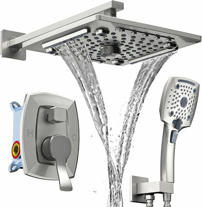 ELLO&ALLO Shower Faucet Set Mixing Valve and Trim Kit Brushed Nickel, Rainfall Waterfall Shower Head with Handheld Combo