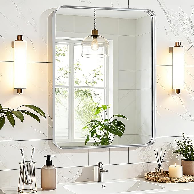 Silver Bathroom Vanity Mirror Over Sink 24x30, Wall Mounted Chrome Mirror | Fabuday Matte Metal Brushed Nickel Framed Rectangle Mirror for Living Room, Bedroom, Entryway Decor, Wall Mounted