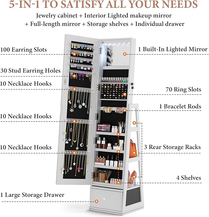 Jewelry Armoire with Drawer and LED Lights, White | Rotatable Jewelry Cabinet with Full Length Mirror, Lockable, 3 Rear Shelves, Jewelry Organizer with Storage for Women, Girl