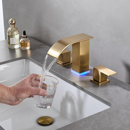 Bathroom faucets 3 Hole Widespread Modern Gold Faucet Sink Faucet 8 inch 3 Hole Vanity Bathroom with Pop Up Drain (Brushed Gold)