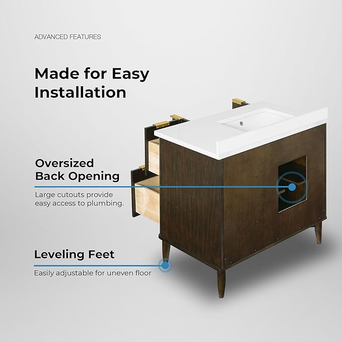 OVE Decors Indy 36 in. Undermount Single Sink Bathroom Vanity with White Engineered Marble Top, Dark Walnut