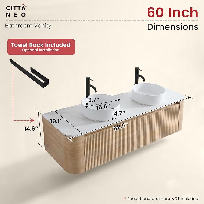 60" Floating Bathroom Vanity with Double Vessel Sink, Honey Oak | Pre-Assembled Fluted Wall Mounted Vanity with Ceramic Sink, Sintered Stone Countertop, Soft-Close Drawer & Towel Rack