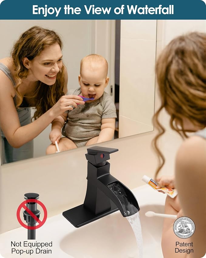 Waterfall Bathroom Faucet Black, Brass Bathroom Faucets One Hole or 3 Hole 4 Inch, Single Handle with Deck Plate & Water Hoses for Morden Lavatory Vanity RV, Not Equipped Pop-up Drain
