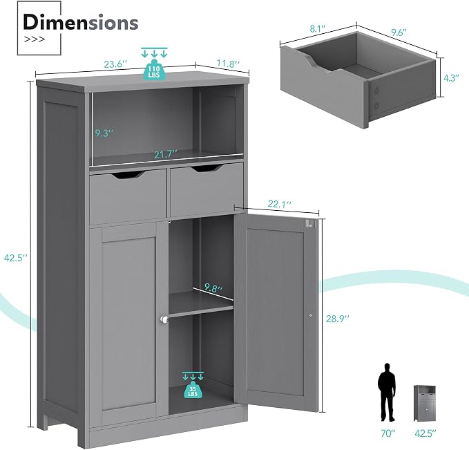 Vongrasig Bathroom Storage Cabinet, 42.5" H Freestanding Floor Cabinet | Wooden Modern Cabinet with 2 Drawers, Open Shelf and Adjustable Shelf for Bathroom, Laundry Room and Entryway, Grey