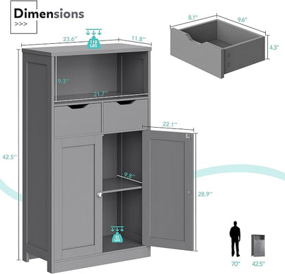 Vongrasig Bathroom Storage Cabinet, 42.5" H Freestanding Floor Cabinet | Wooden Modern Cabinet with 2 Drawers, Open Shelf and Adjustable Shelf for Bathroom, Laundry Room and Entryway, Grey