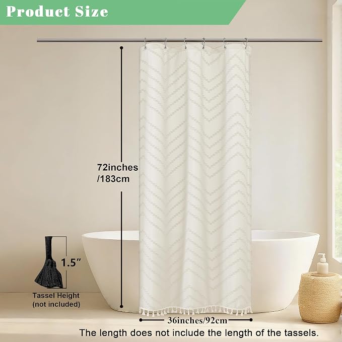 Small Boho Stall Shower Curtain, Beige Fabric Cloth Stall Shower Curtain 36 x 72 Half Size with Tassel Tufted Chevron Striped Textured Modern Farmhouse for Bathroom, Machine Washable