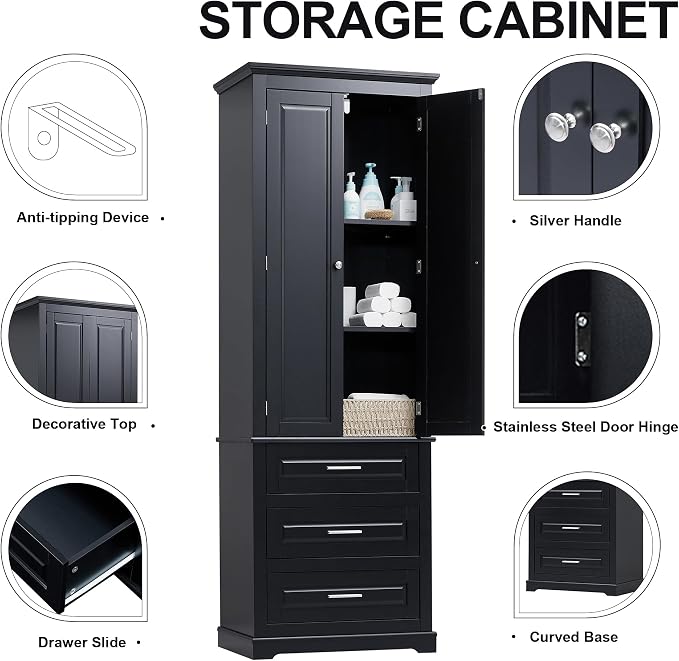 Merax 70" Pantry Cabinet with Two Doors & Three Drawer, Adjustable Shelves Storage Cupboard for Kitchen/Dining Room/Bathroom, Black