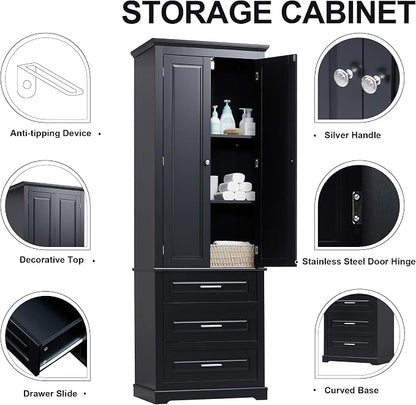 Merax 70" Pantry Cabinet with Two Doors & Three Drawer, Adjustable Shelves Storage Cupboard for Kitchen/Dining Room/Bathroom, Black