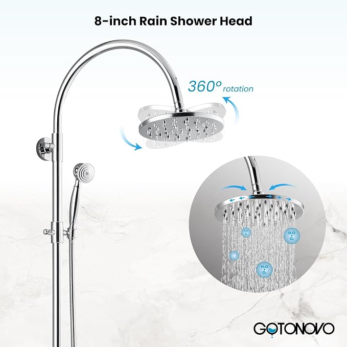 gotonovo Exposed Shower Faucet with Spout Polished Chrome,Curved Pipe | Brass Bathroom Exposed Shower System,8’’ Rain Head,Swivel Tub Spout 2 Cross Handle,Adjustable Handheld Sprayer,Wall Mount