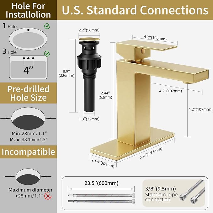 Brushed Gold Bathroom Faucet, SUS304 Stainless Steel Lead-Free | Vanity Faucet with Deck Plate & Pop-Up Drain, Single/3 Hole Installation, for Farmhouse, Bathroom Sink, Vanity, Washbasin, RV
