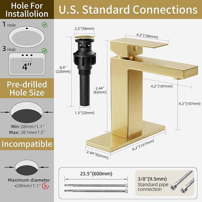 Brushed Gold Bathroom Faucet, SUS304 Stainless Steel Lead-Free | Vanity Faucet with Deck Plate & Pop-Up Drain, Single/3 Hole Installation, for Farmhouse, Bathroom Sink, Vanity, Washbasin, RV