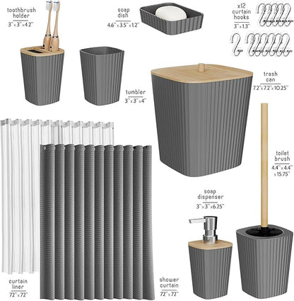 Clara Clark Bathroom Set, Shower Curtain Set, Bathroom Accessory Set | 20 Piece Grey Bathroom Accessories Set with Toothbrush Holder, Soap Dispenser, Soap Dish, Toilet Brush, and Trash Can