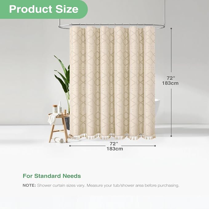 Boho Farmhouse Fabric Shower Curtain Tufted Geometric 72x72 Beige | Elegant Tassel, Soft Lightweight Textured Fabric, Water Repellent, Washable, Hotel Spa, for Bathroom/Dorm/Apartment 12 Hooks