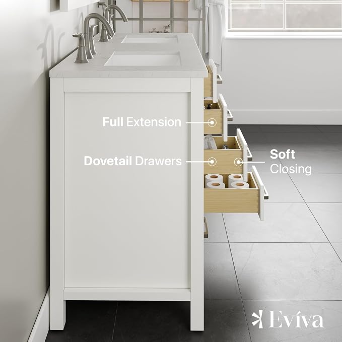 Aberdeen 48 in. White Double Sink Bath Vanity with Carrara Quartz Top and Undermount Porcelain Sinks