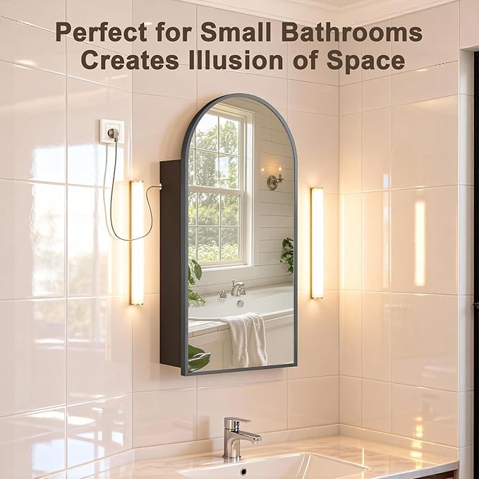 FKWin Medicine Cabinet Mirror with Power Outlet, Surface Mount, 20x34 Inch | Built-in Power Outlet, Adjustable Bathroom Storage, Reversible Left or Right Door, Surface Mount Design