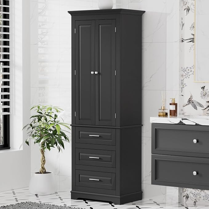 Merax 70" Pantry Cabinet with Two Doors & Three Drawer, Adjustable Shelves Storage Cupboard for Kitchen/Dining Room/Bathroom, Black