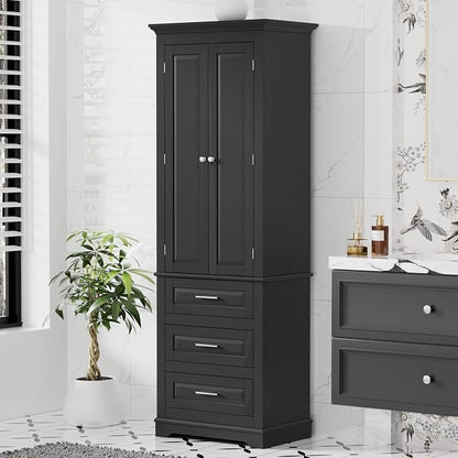 Merax 70" Pantry Cabinet with Two Doors & Three Drawer, Adjustable Shelves Storage Cupboard for Kitchen/Dining Room/Bathroom, Black