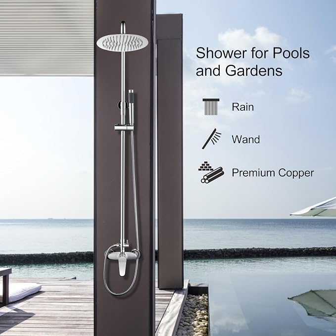 AmazonBasics Outdoor Shower Fixtures - Total Complete Shower Kit, Chrome Finish with SS304 Handheld High Pressure Shower Head, 2-Functions