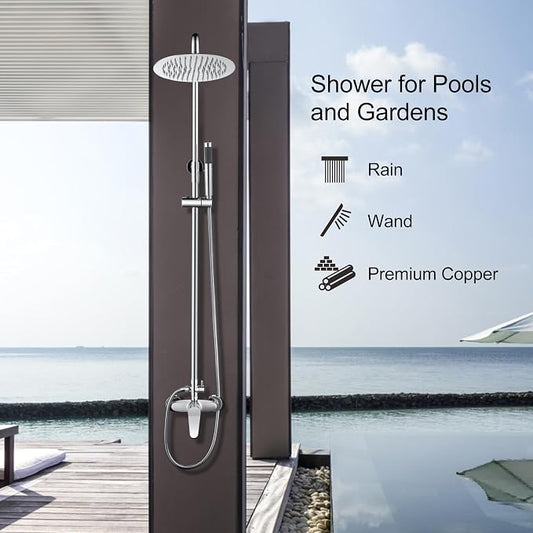 AmazonBasics Outdoor Shower Fixtures - Total Complete Shower Kit, Chrome Finish with SS304 Handheld High Pressure Shower Head, 2-Functions