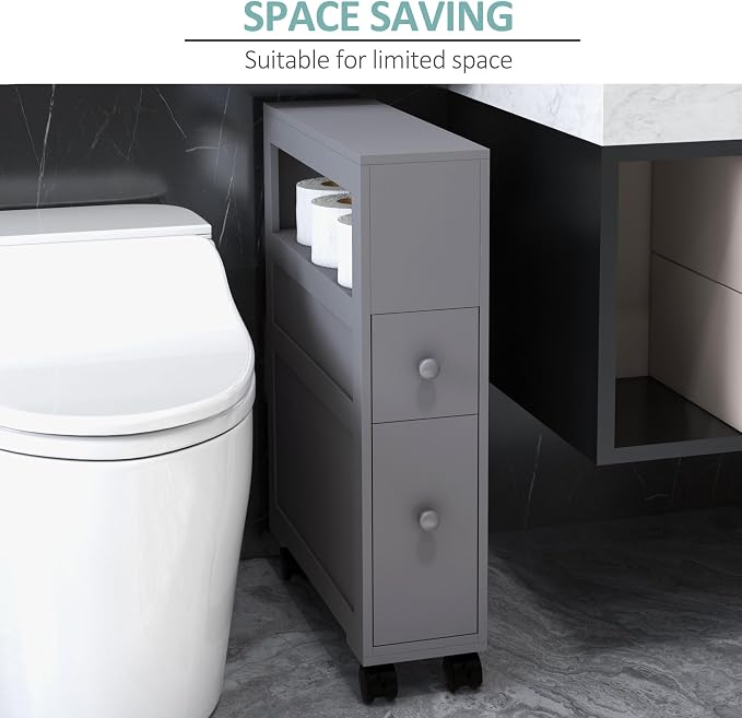 HOMCOM 6.25" x 20.5" x 28.25" Wood Rolling Narrow Bathroom Side Storage Cabinet - Gray